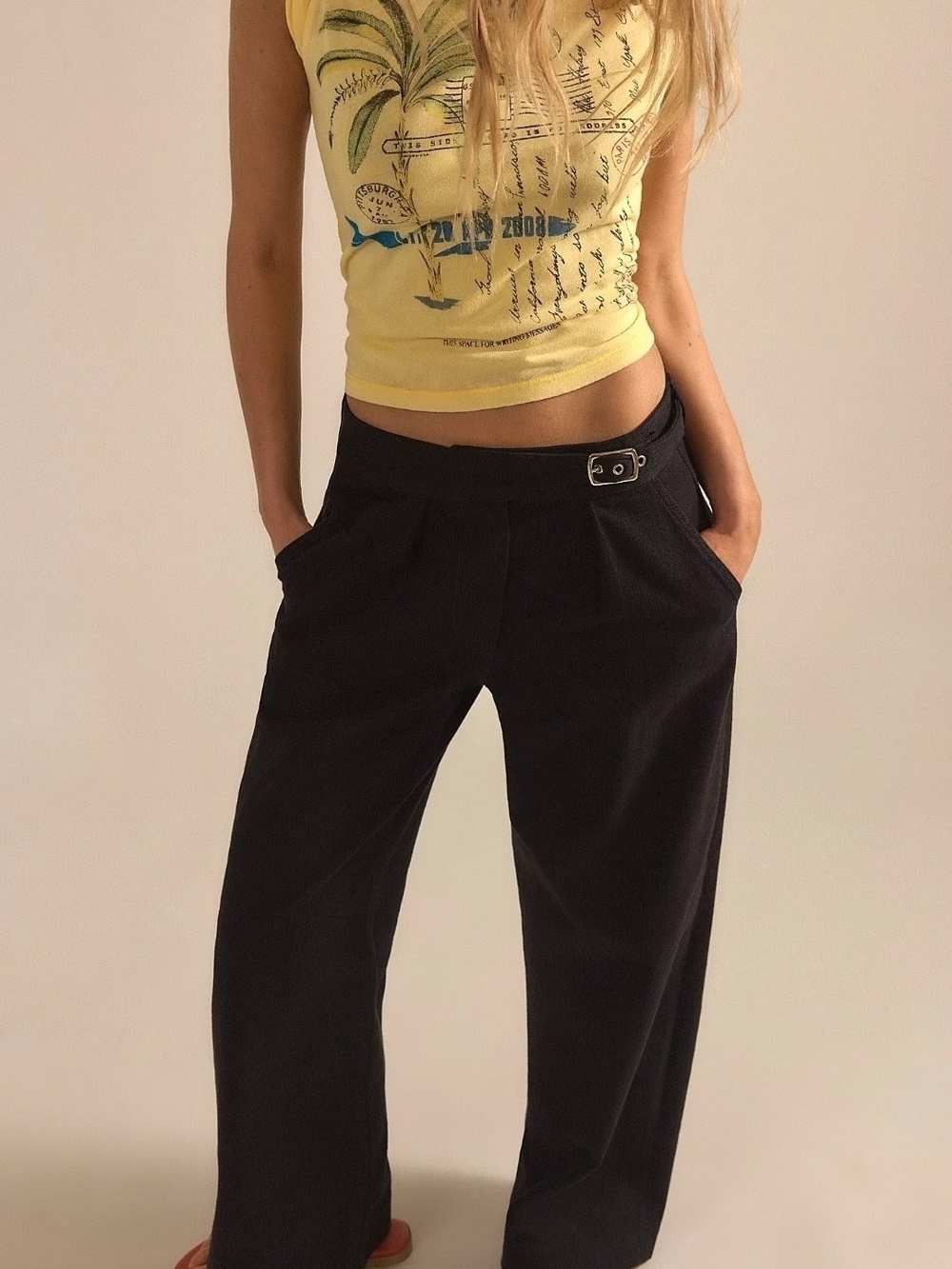NWT Free People Buckle Up Mid Rise Pleated Wide Leg Trousers Black 2